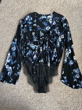 Free People Intimately Floral Tie-Front Lace-Trim Black Bodysuit Top